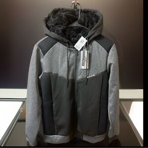 HOODED FUR INTERIOR Flex Fit Front Full Zip Up Grey & Black Heavy Jacket/Coat